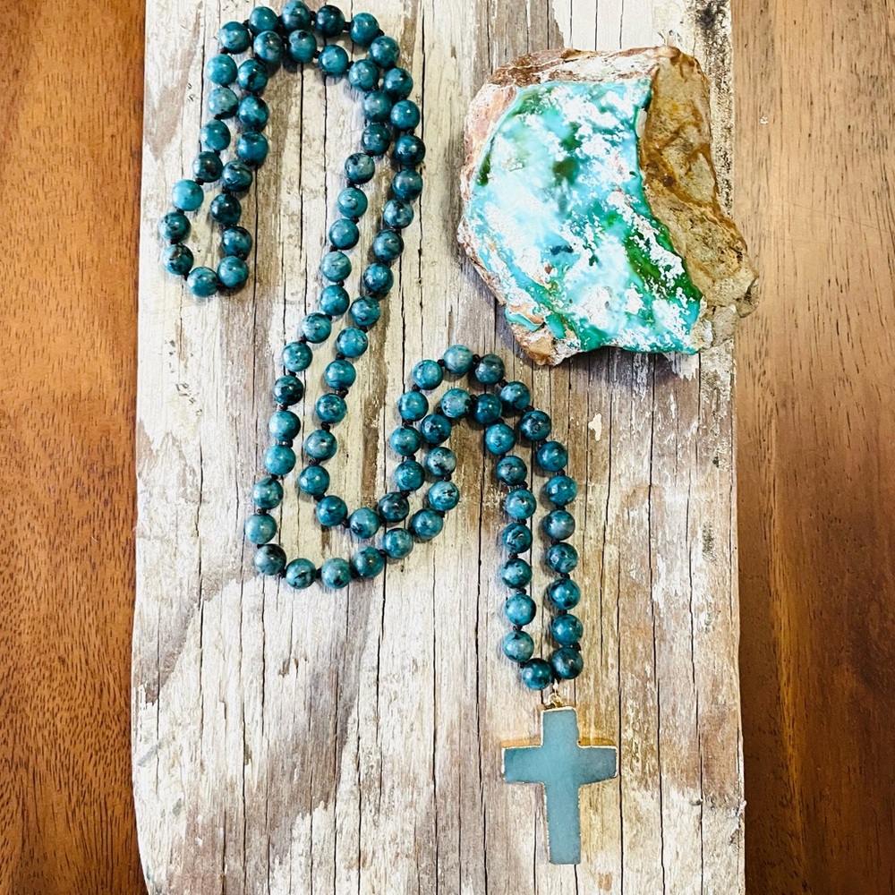 Natural Turquoise Howlite Cross Pendant Necklace